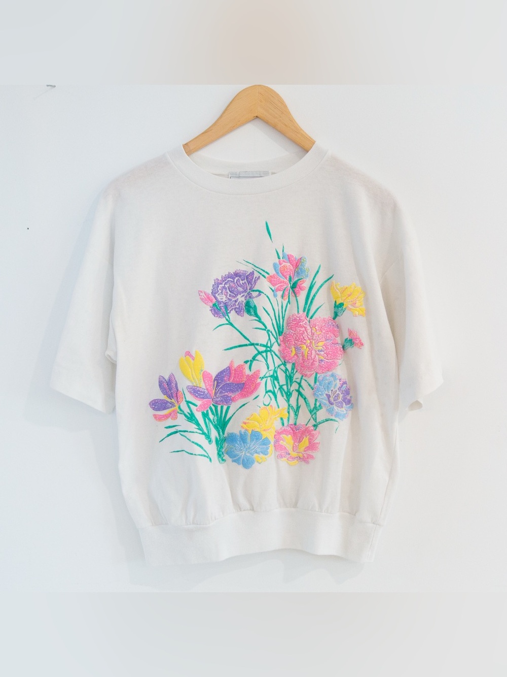 Vintage Floral Puff Print T-Shirt White | Raised Graphic | Size M | 80s 90s